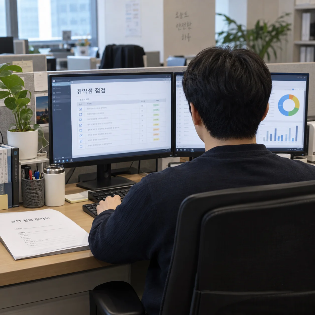 보안 담당자가 사무실에서 취약점 점검 화면과 점검표를 확인하는 장면