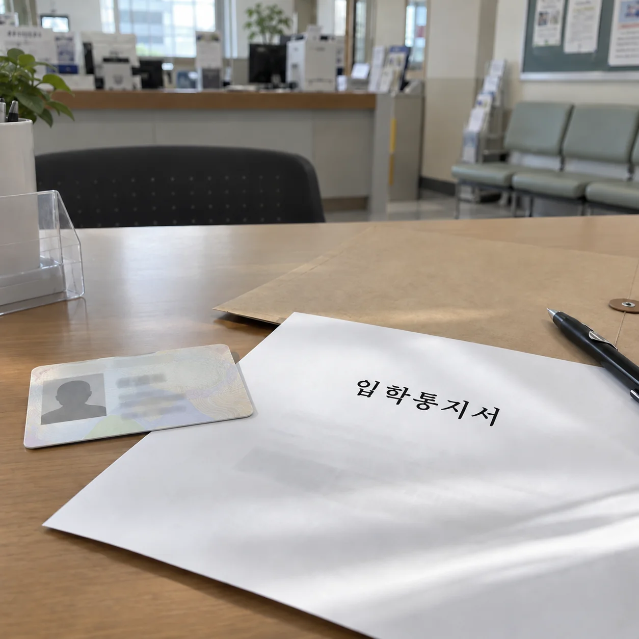 동주민센터 신청을 위해 신분증과 입학통지서를 준비한 모습