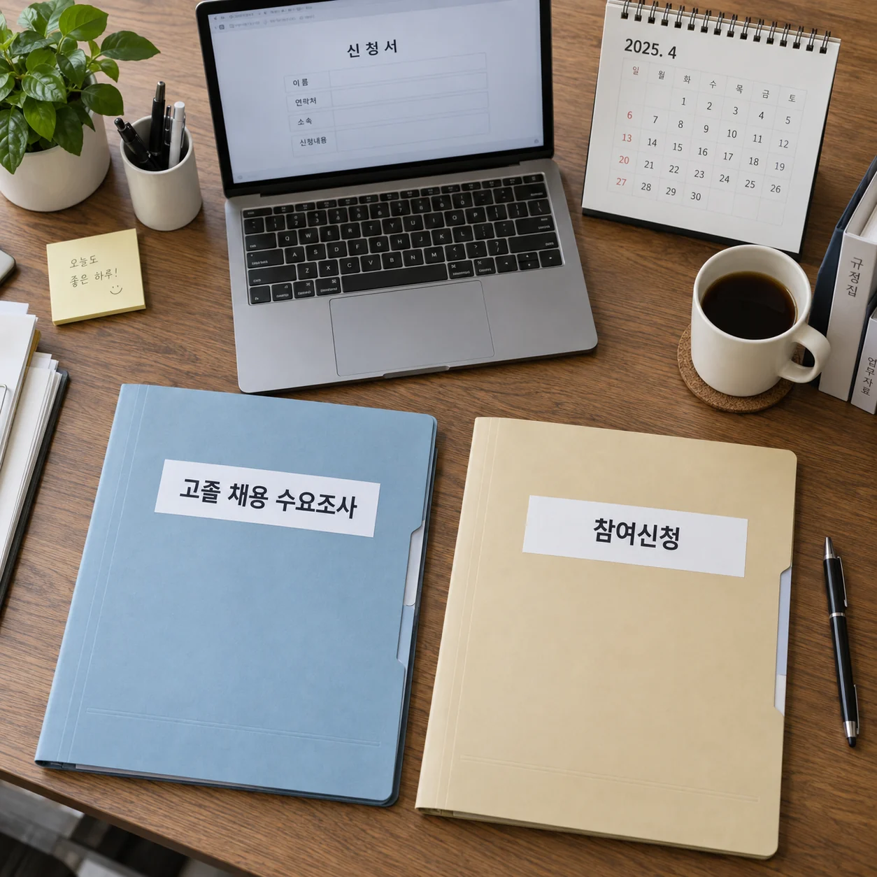 채용 수요조사와 참여신청 순서를 확인하는 사무용 책상