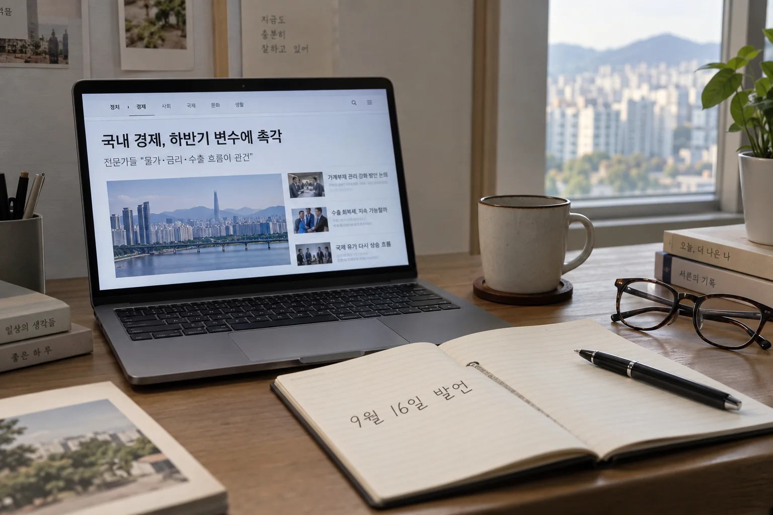 국제 뉴스 발언 내용을 확인하는 한국의 차분한 작업 책상