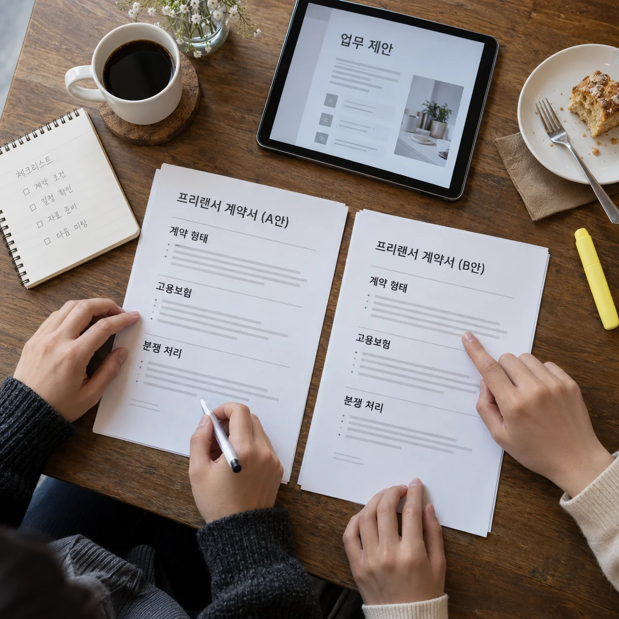 프리랜서 계약서의 보험과 분쟁 처리 조건을 비교하는 장면