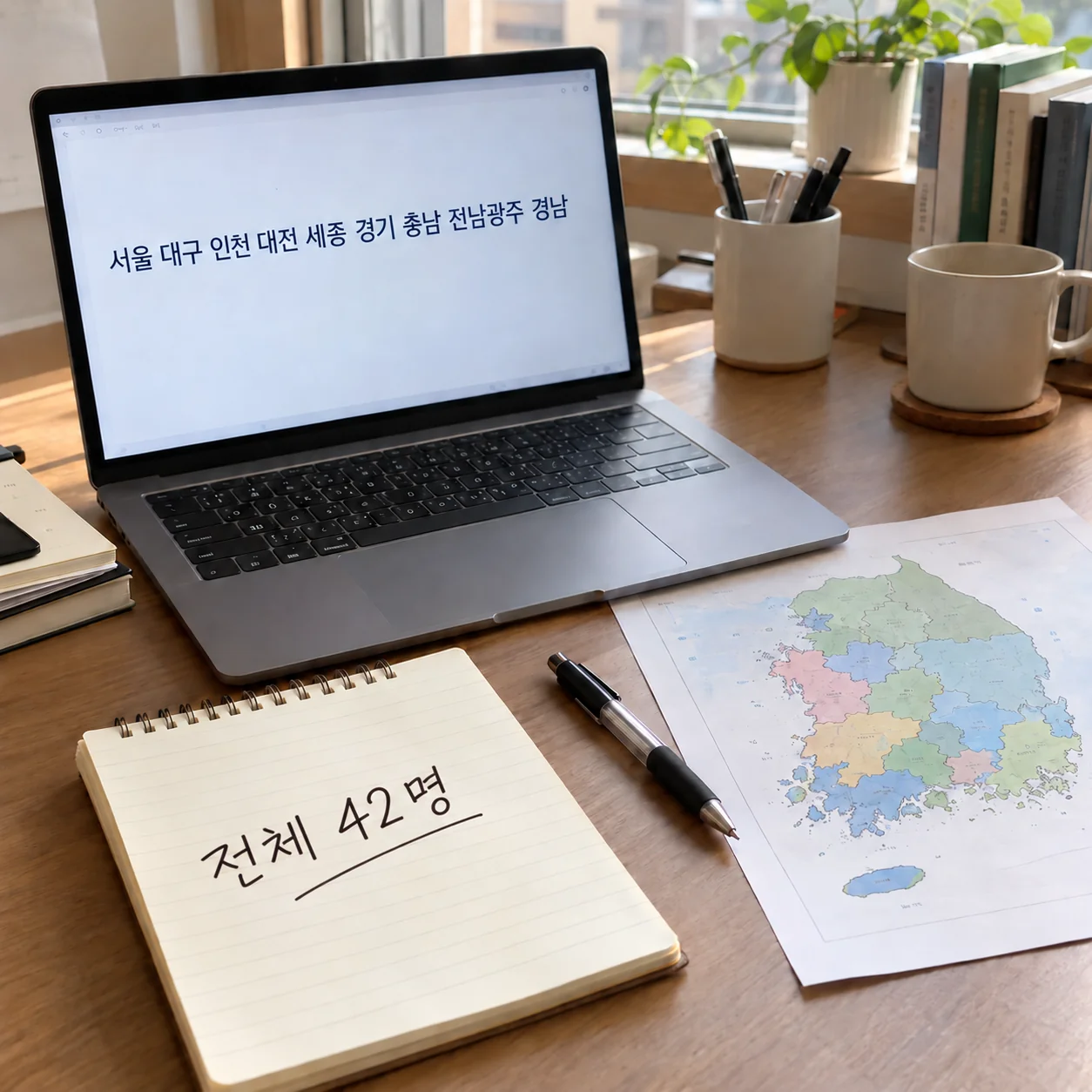 채용 지역과 전체 인원 42명을 대조하는 지원 준비 화면