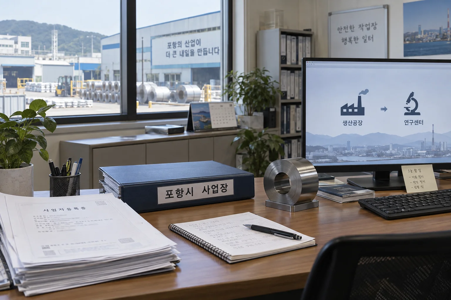 포항 철강기업의 사업장과 업종 자료를 확인하는 사무실 풍경
