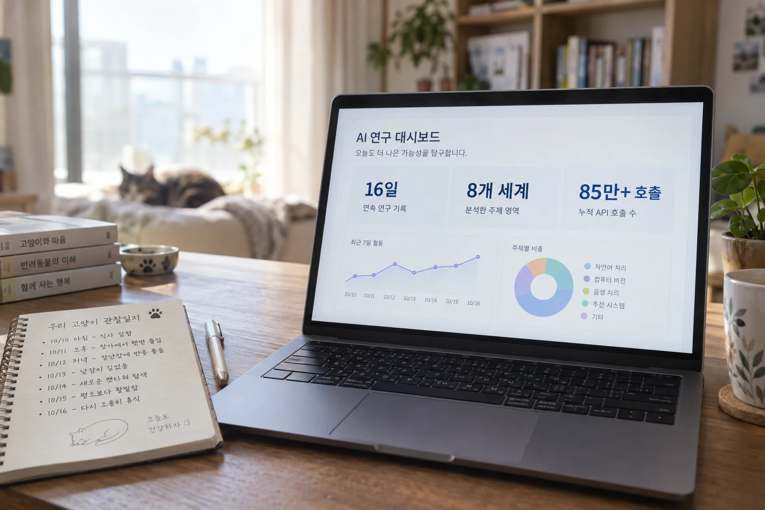 노트북의 AI 실험 화면과 반려동물 관찰 노트가 놓인 책상