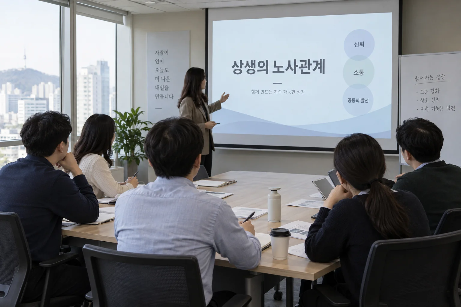 노사 양측 실무자가 교육 자료를 함께 검토하는 장면