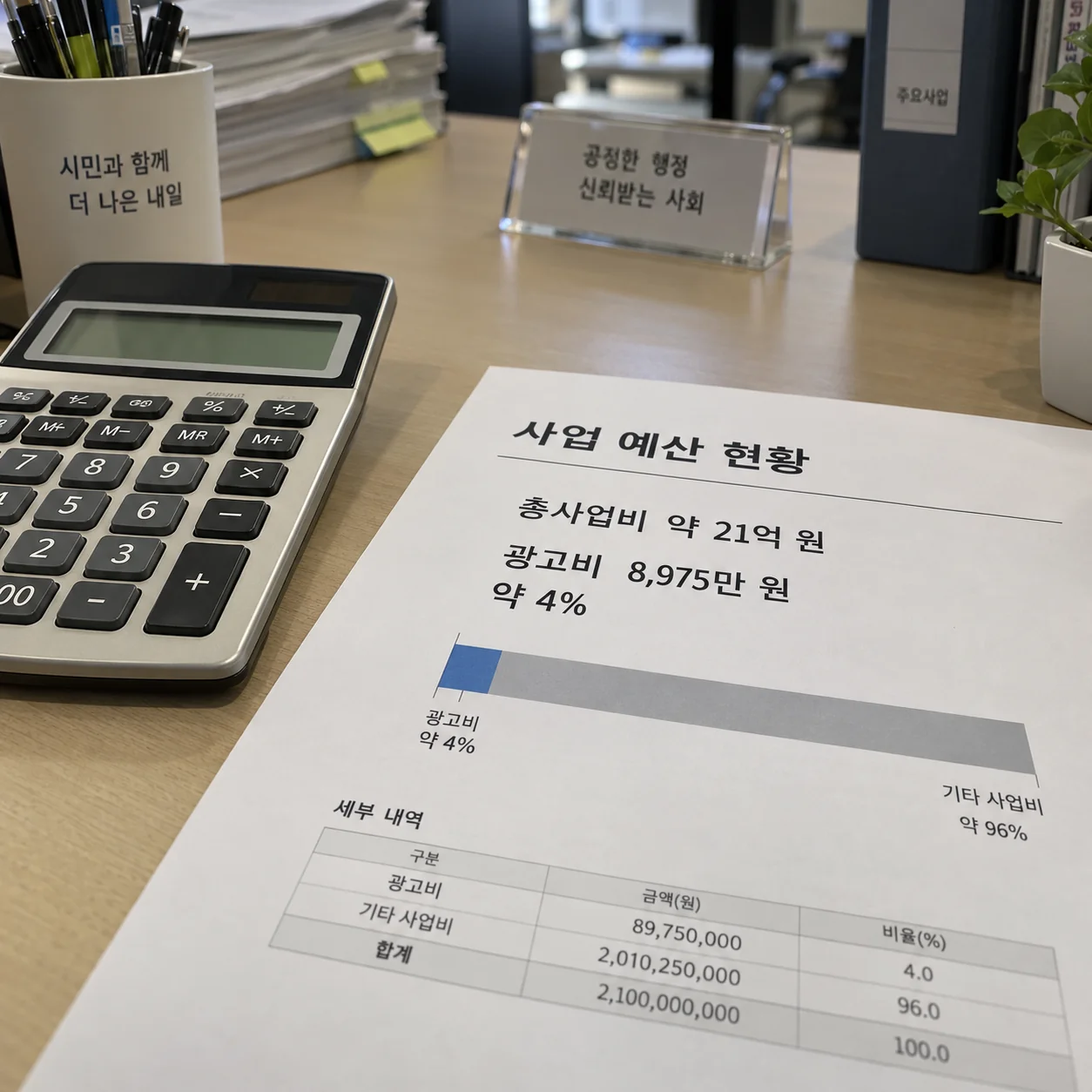 광고비와 총사업비 비중을 계산하는 문서와 계산기