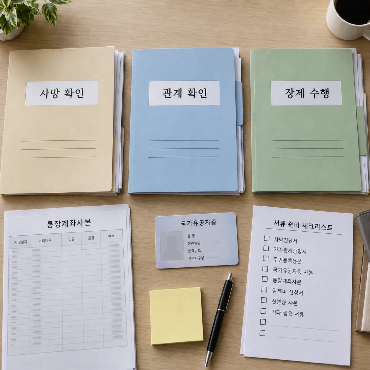 장제보조비 신청에 필요한 서류와 통장계좌사본을 정리한 모습