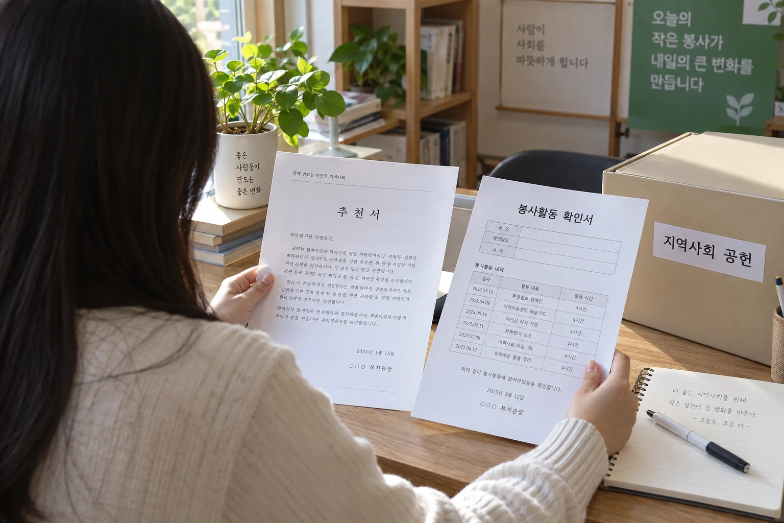 추천서와 봉사활동 자료를 확인하는 학생의 신청 준비 모습