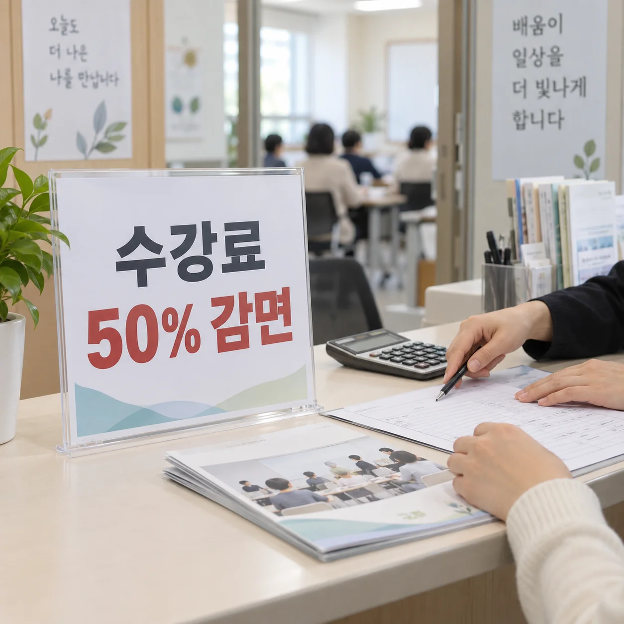 센터 수강료 50퍼센트 감면 안내문과 교육 프로그램 접수 창구