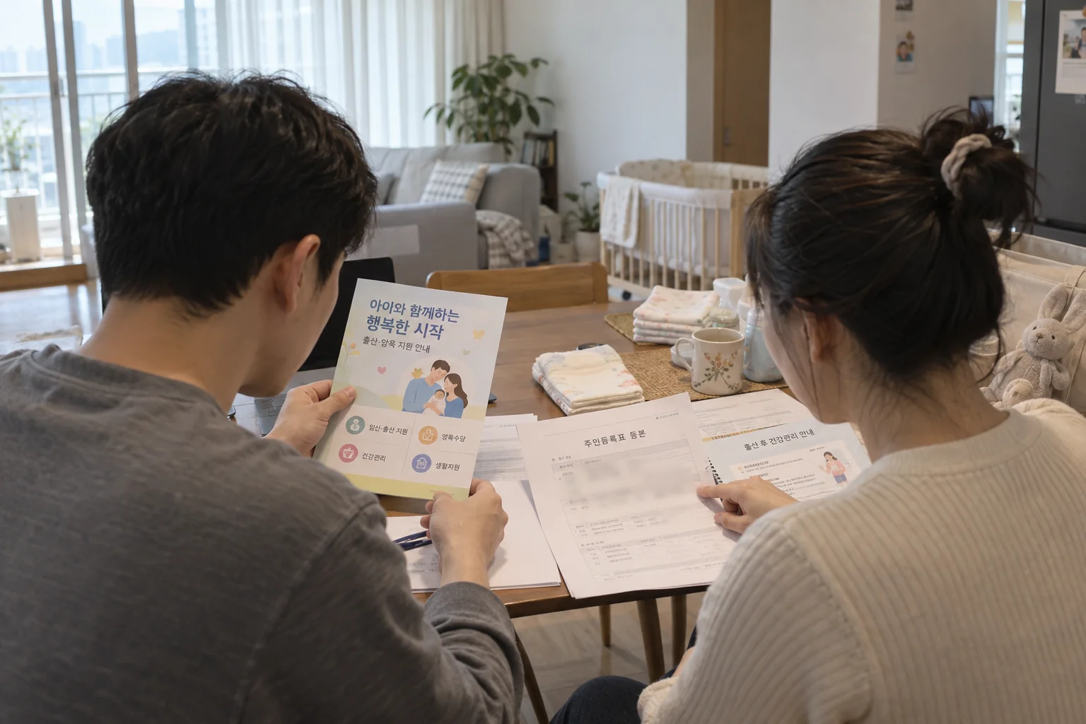 구미시 출산가정이 보건소 지원 안내 서류를 확인하는 모습