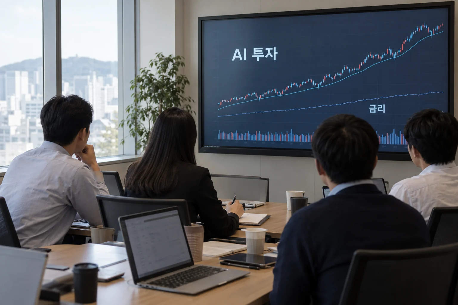 AI 투자와 금리 흐름을 함께 검토하는 한국 증권사 회의실