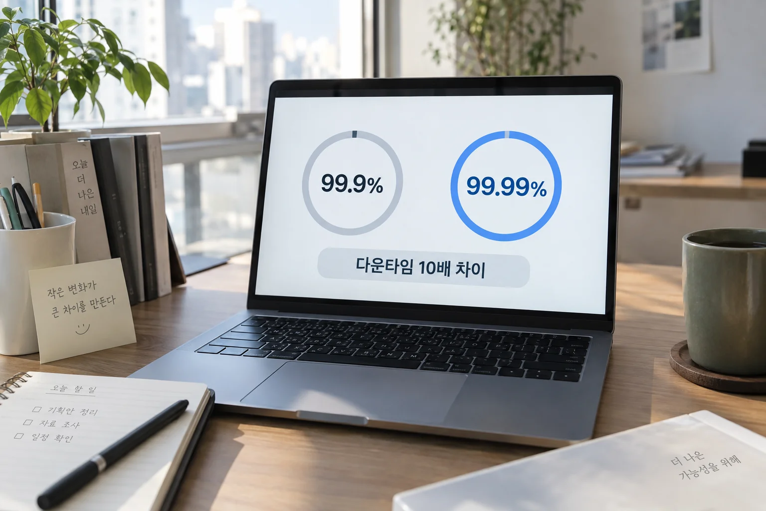 가동률 99.9%와 99.99%의 다운타임 차이를 비교한 화면