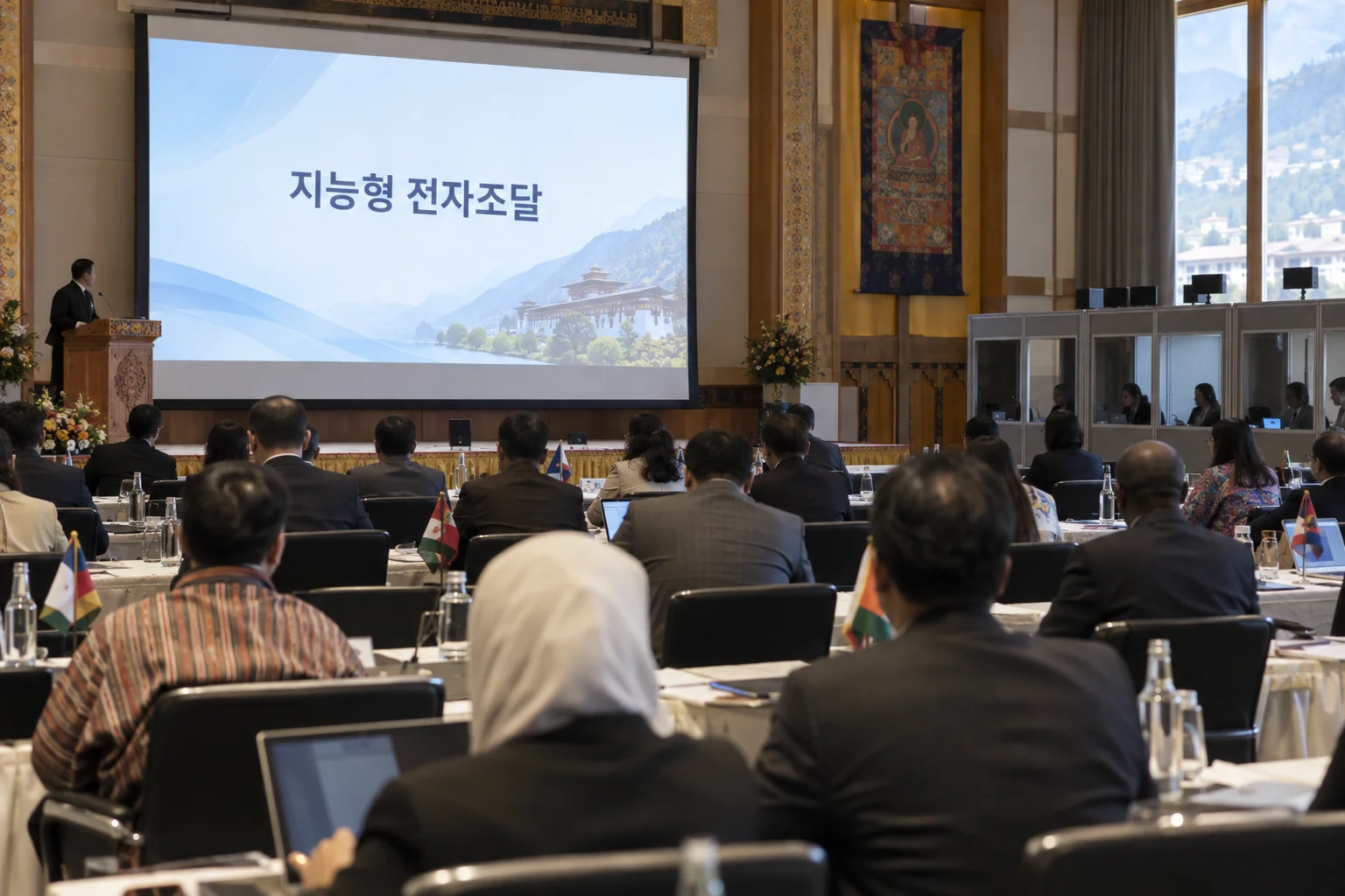 부탄 팀부 국제회의장에서 전자조달 논의를 듣는 각국 대표단