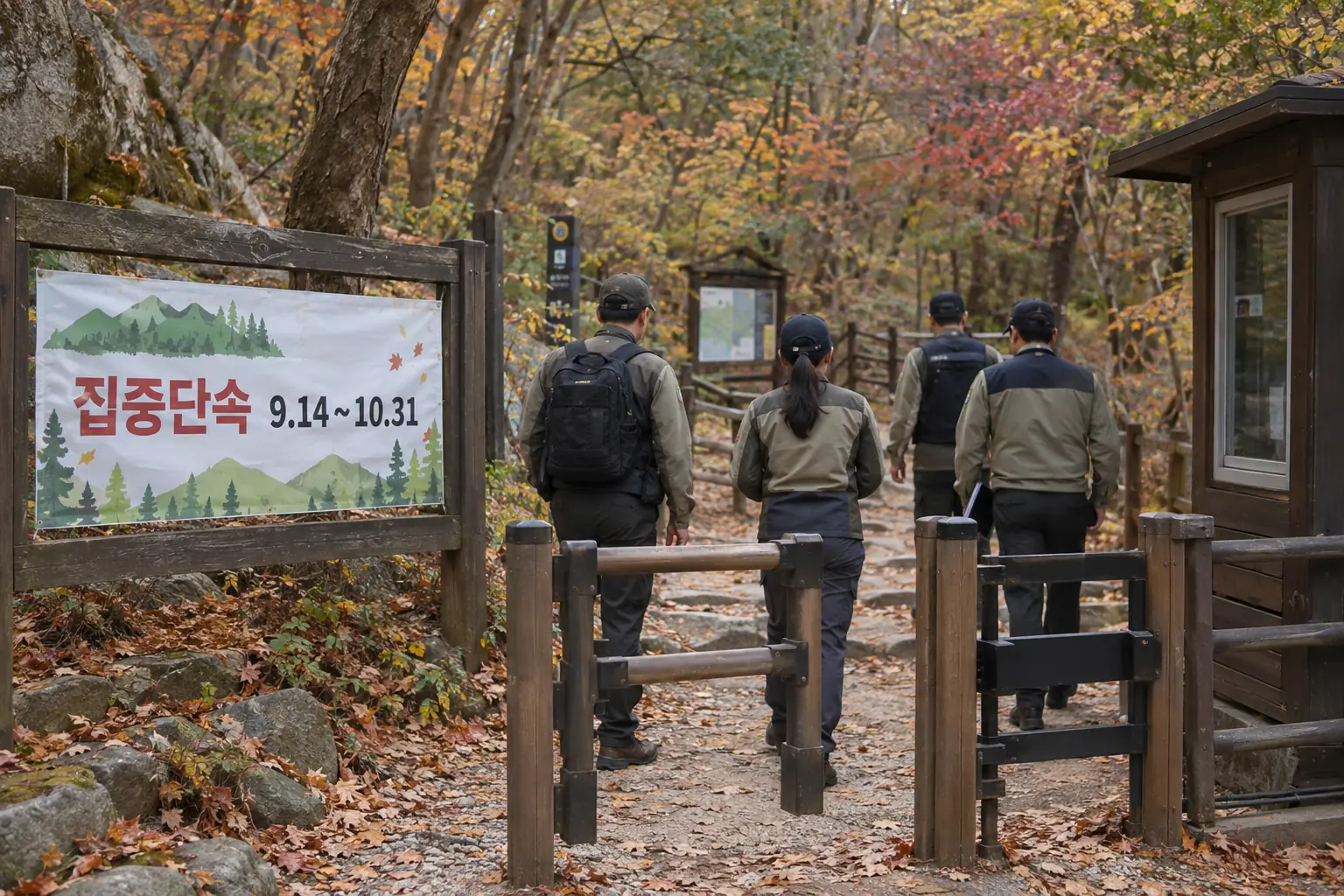 가을 산림 입구에서 합동단속 안내를 확인하는 장면