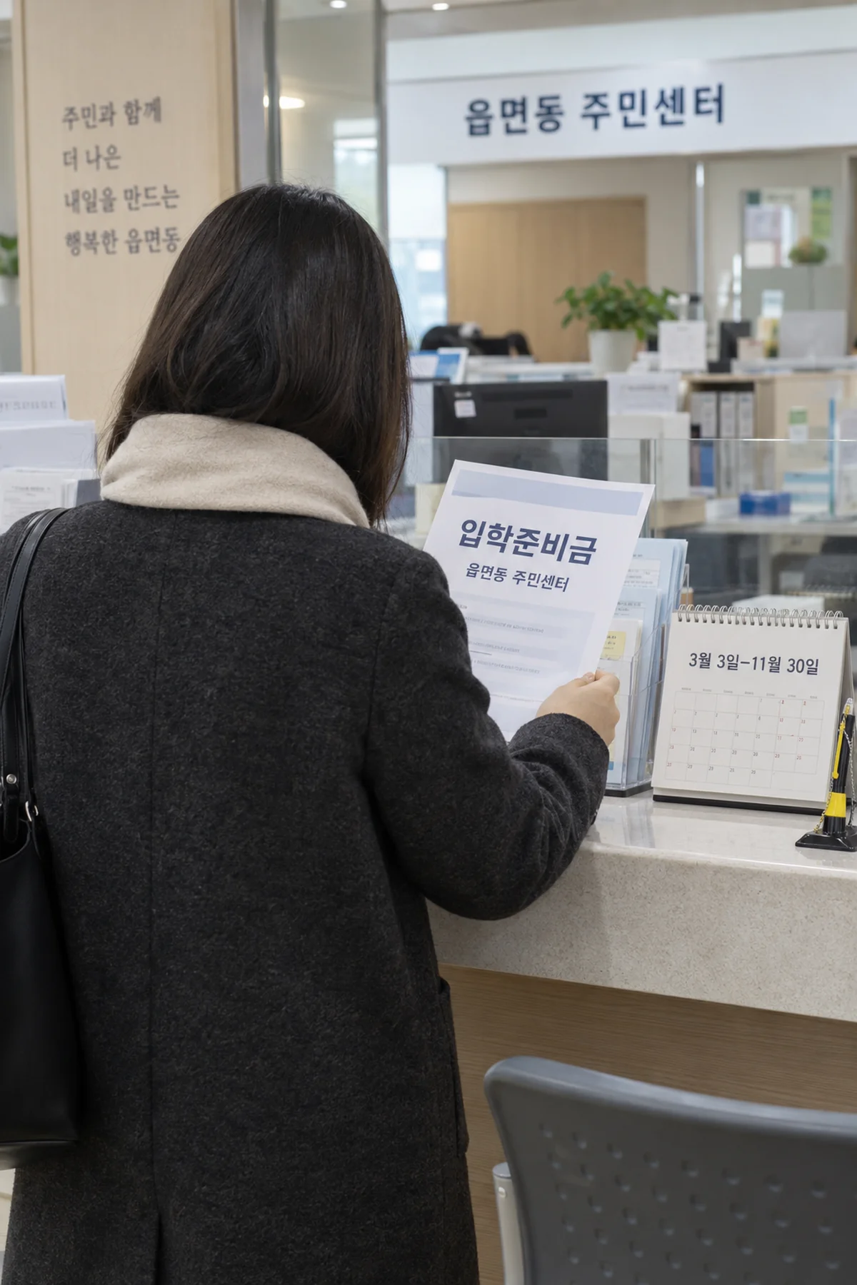 주소지 주민센터 방문 신청 일정을 확인하는 안내 데스크