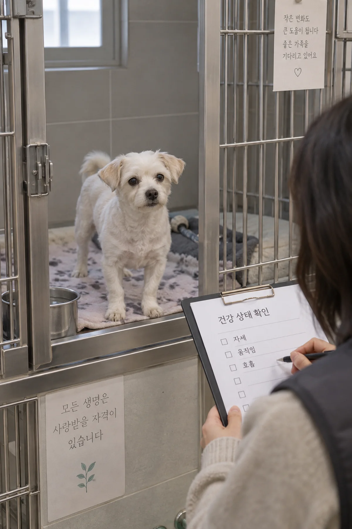 보호소 견사의 흰색 믹스견을 차분히 관찰하는 기록 확인 장면