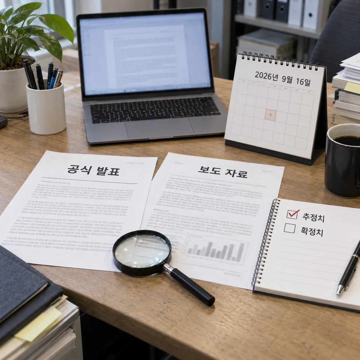공식 발표와 보도 내용을 대조하는 책상 위 확인 자료