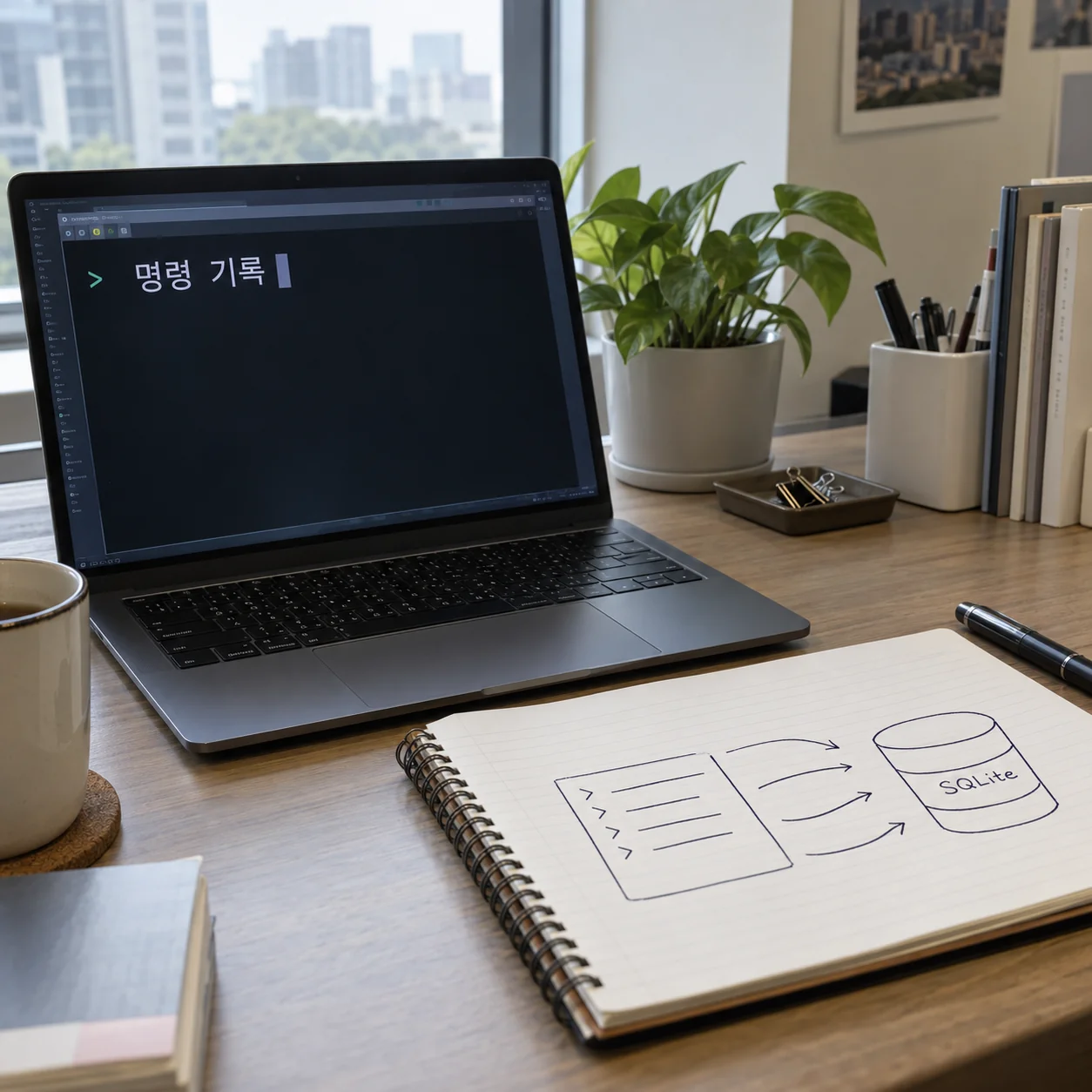 터미널 기록과 데이터베이스 구조를 비교하는 개발 작업 공간