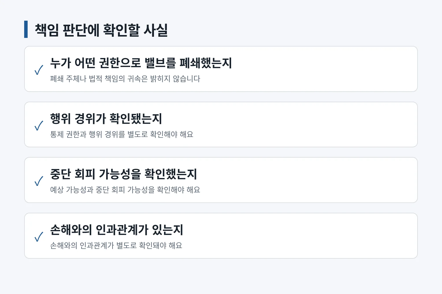 책임 판단을 위한 확인 사항을 정리한 정보 그림입니다