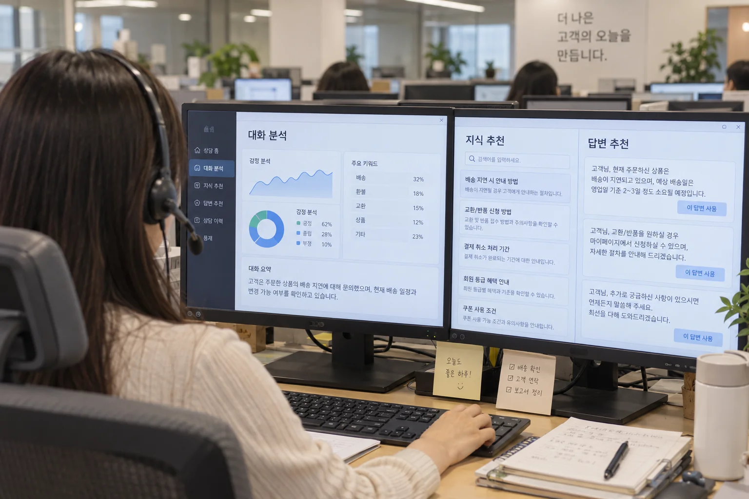 상담사가 AI 추천 화면을 보며 고객 응대를 준비하는 모습