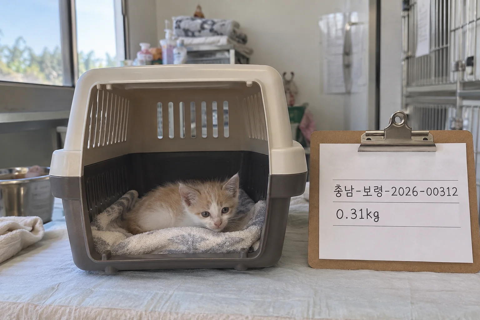 레몬색과 흰색 새끼 고양이의 보호 공고 정보를 확인하는 장면