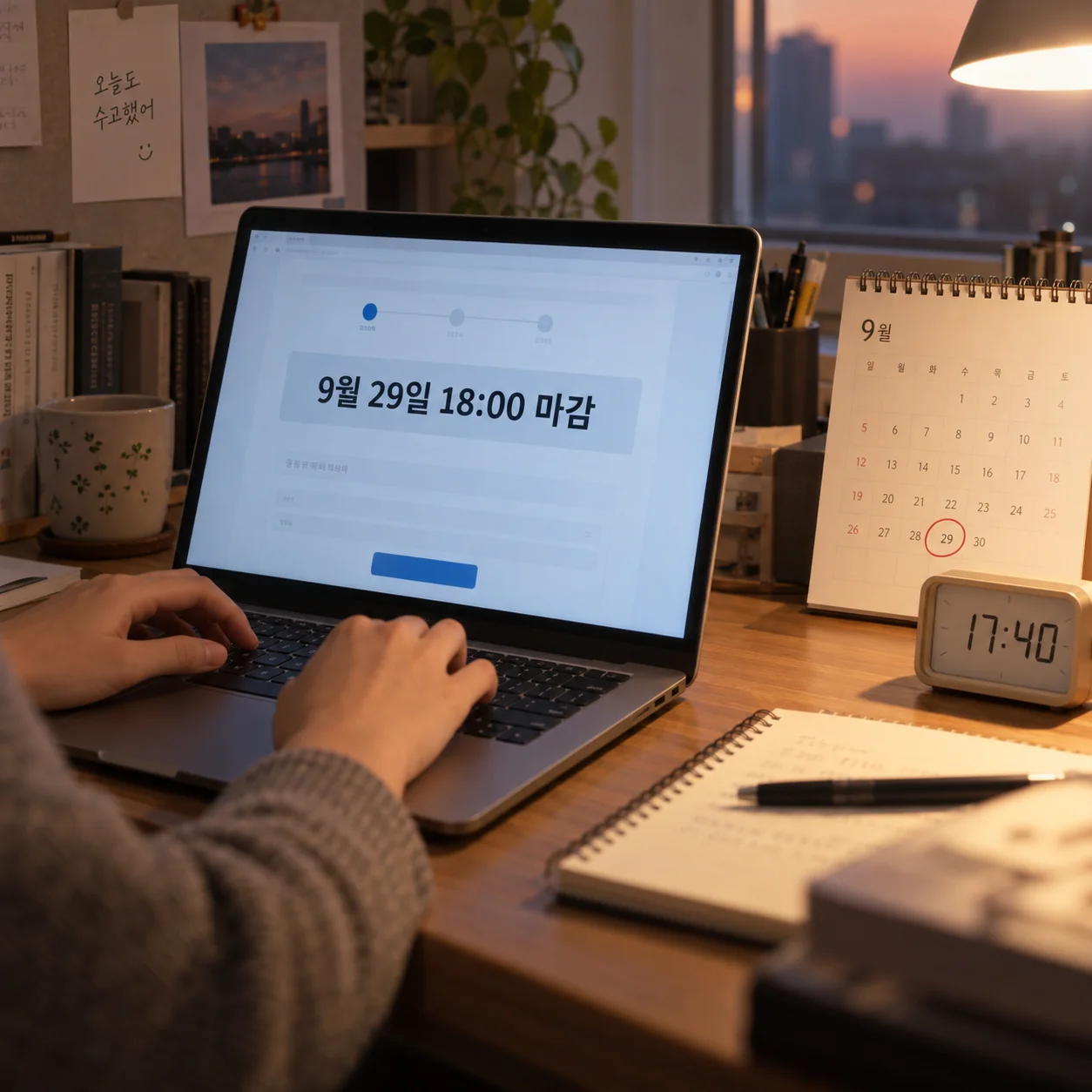 노트북 채용 접수 화면과 달력에 표시된 9월 29일 18시 마감