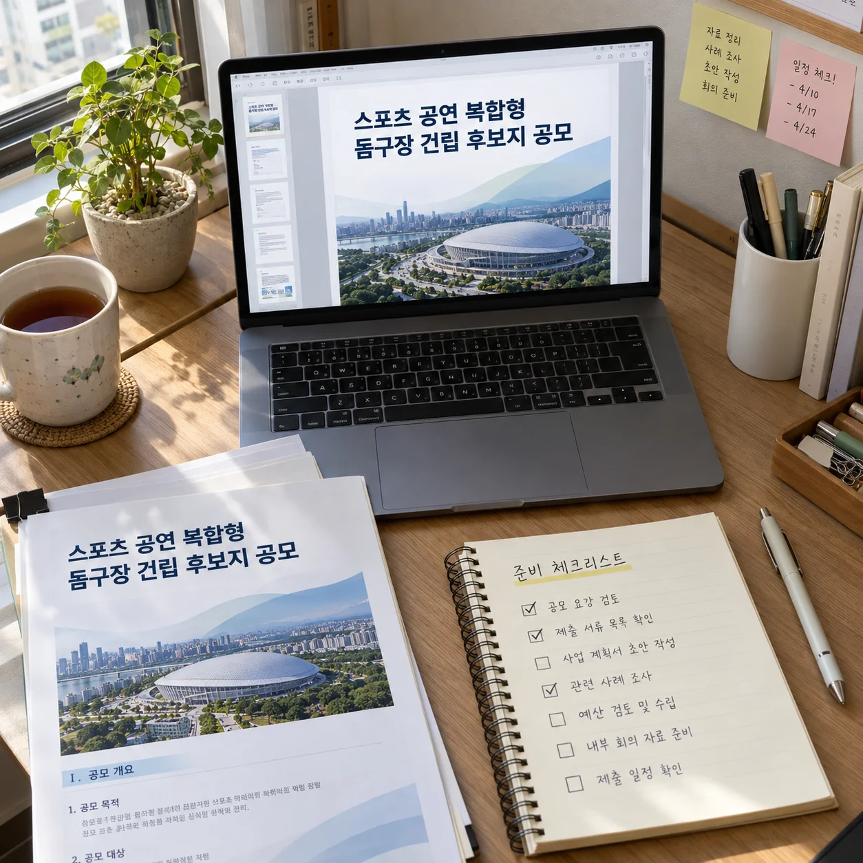 붙임 PDF 문서를 열어 공모 세부 조건을 확인하는 책상