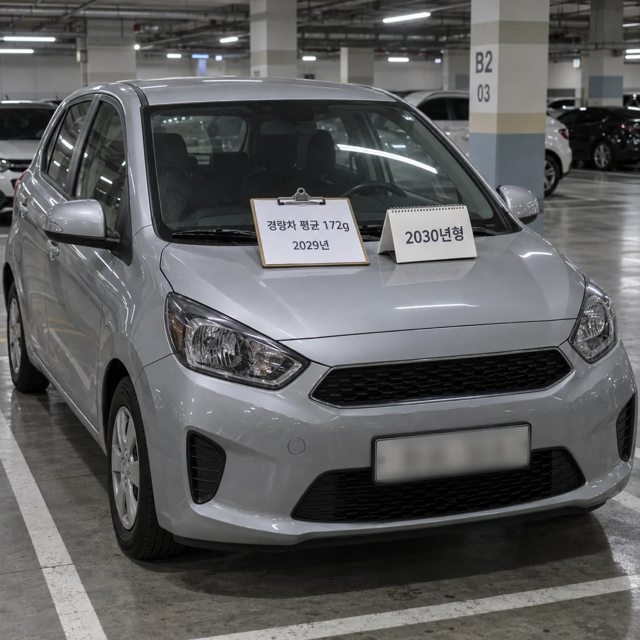 경량차 배출 기준 172g과 2029년 일정을 확인하는 문서와 차량