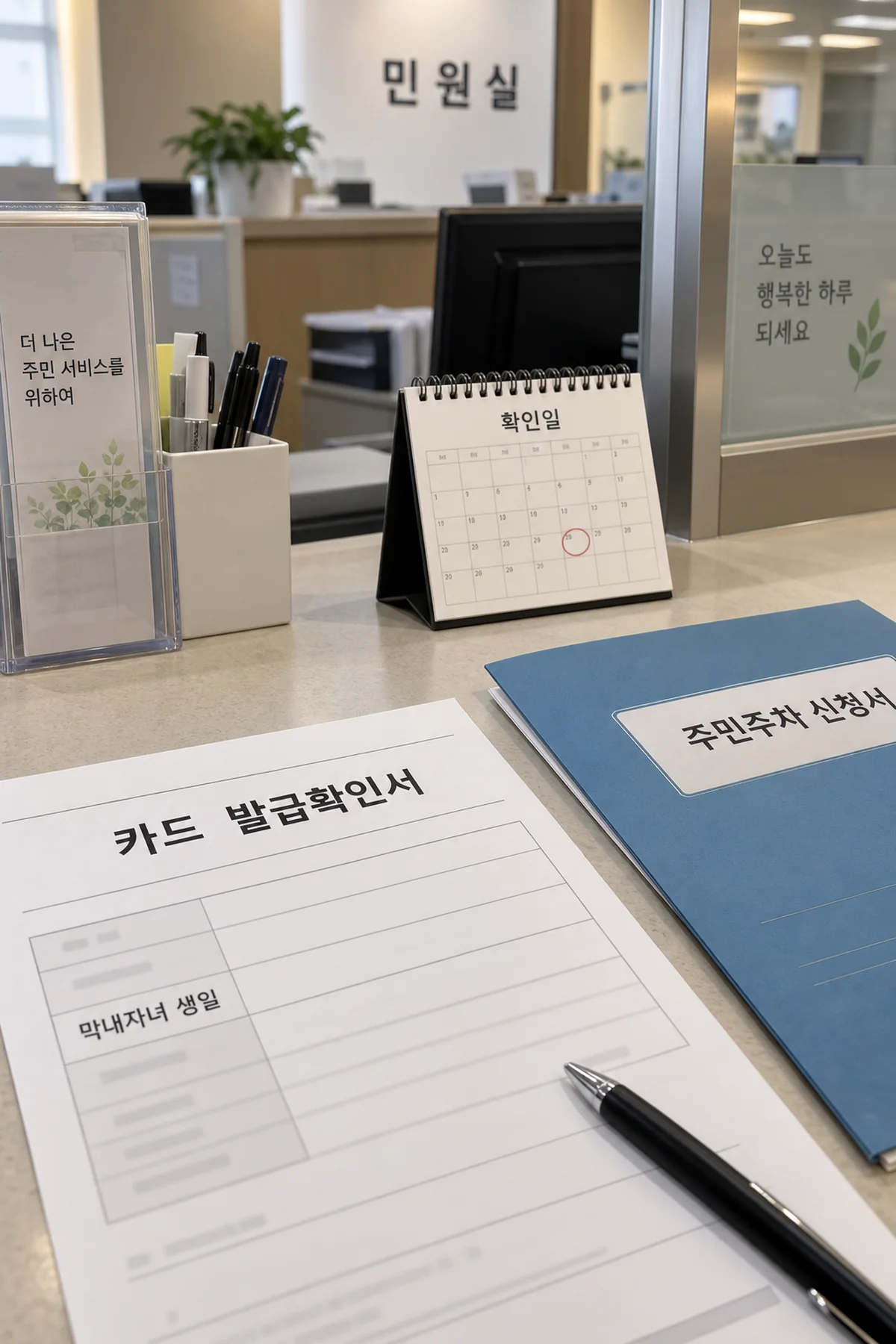 막내자녀 생일이 적힌 발급확인서와 확인일 표시 달력