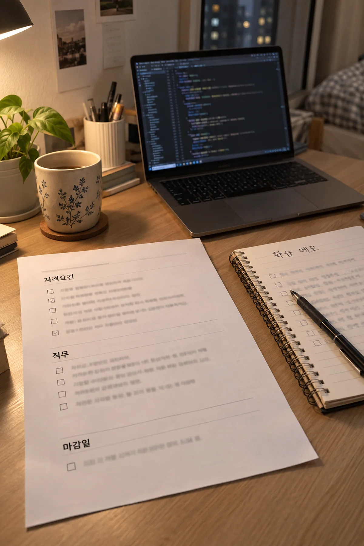 채용 조건표와 학습 메모를 따로 검토하는 준비 책상