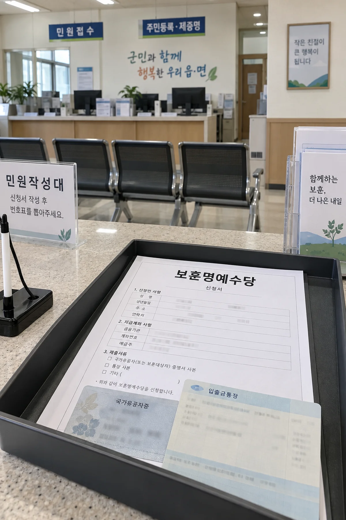읍면사무소 접수 창구에 준비한 신청 서류