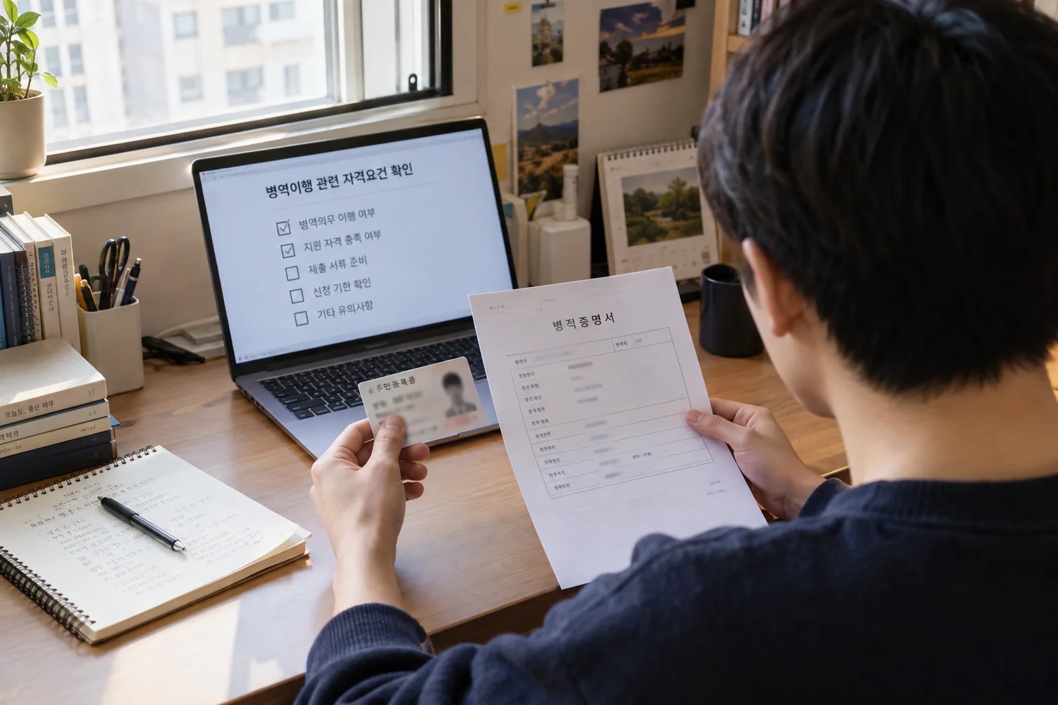 청년이 신분증과 병역 관련 서류를 보며 가입 연령을 확인하는 모습