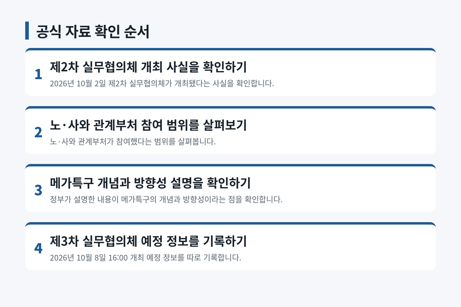 공식 보도자료에서 회의 정보를 확인하는 순서를 정리한 정보 그림입니다