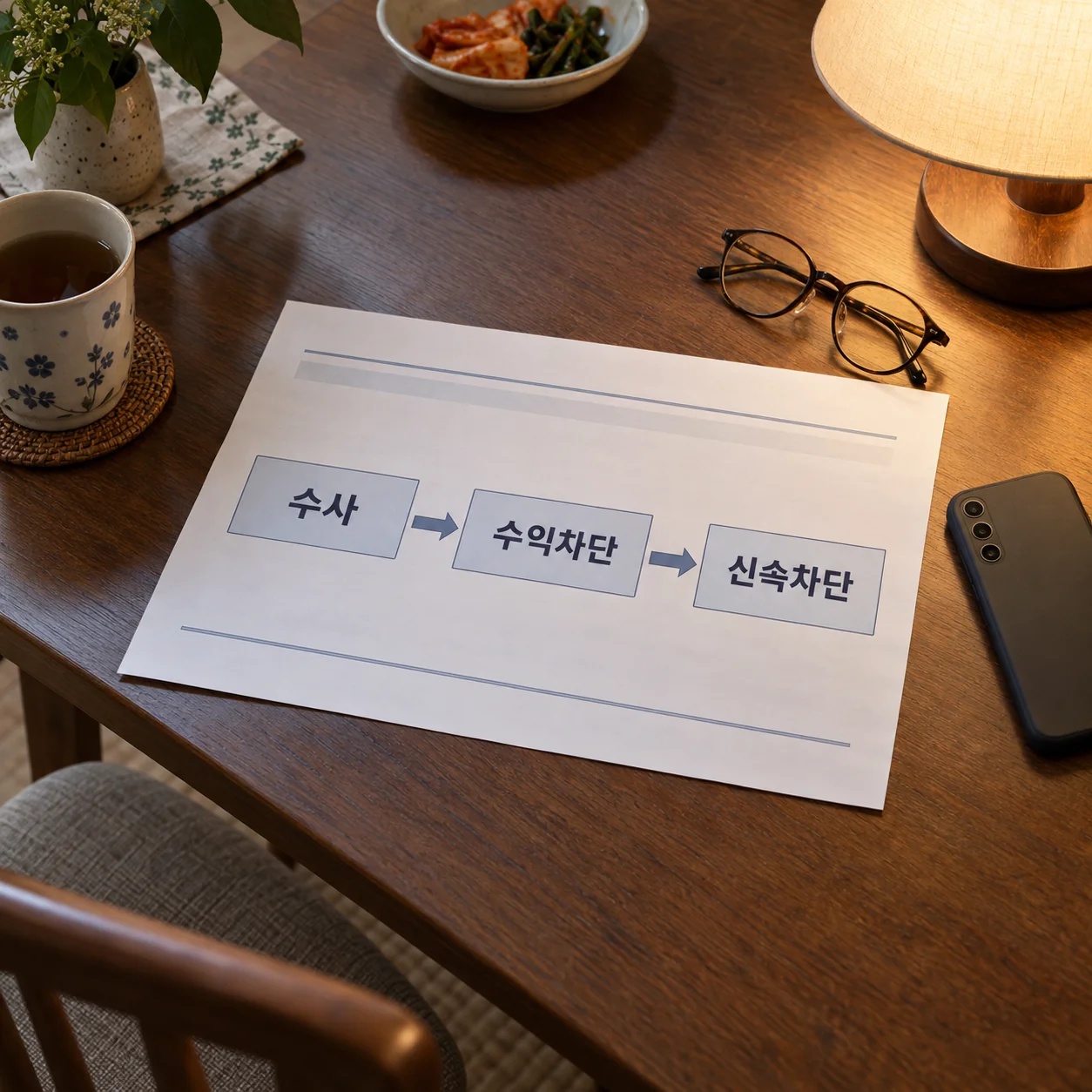 수사와 수익차단, 신속차단을 정리한 문서와 노트