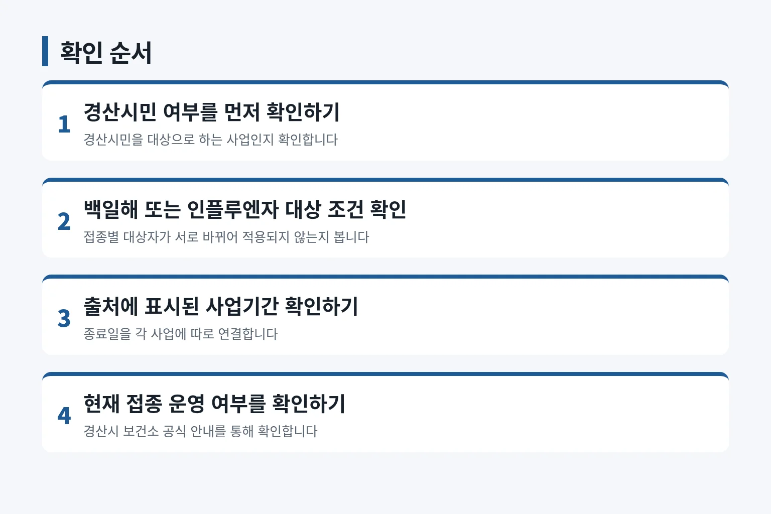 경산시 예방접종 지원 대상 확인 순서를 정리한 정보 그림입니다