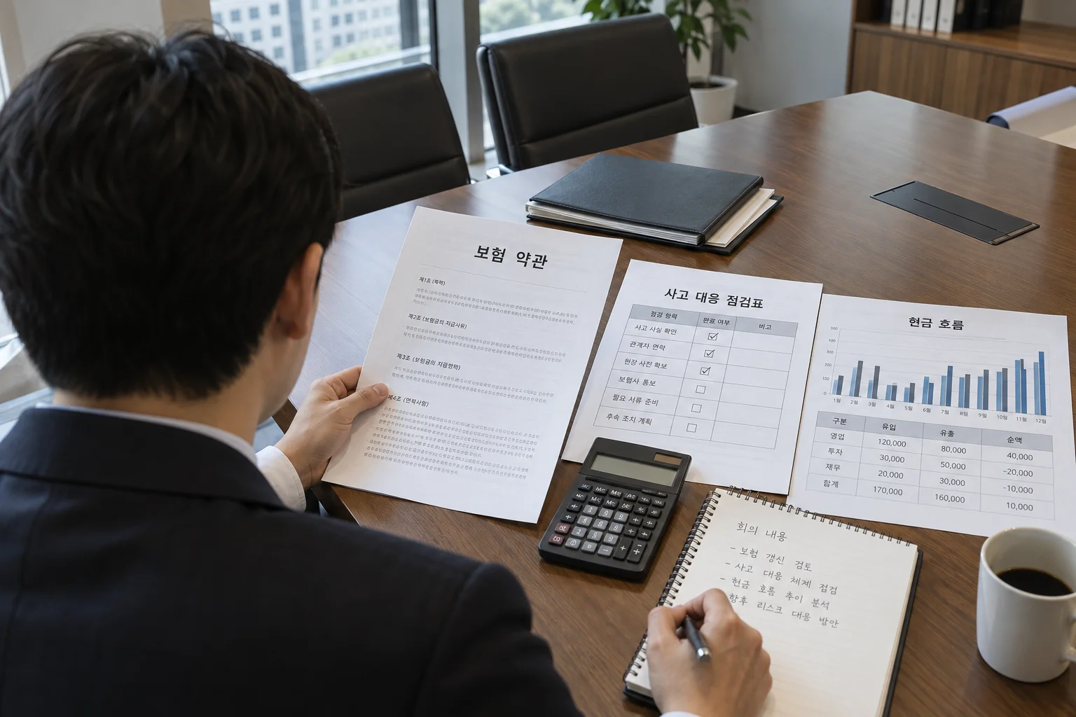 사고 대응 자금과 보험 서류를 함께 검토하는 기업 회의실