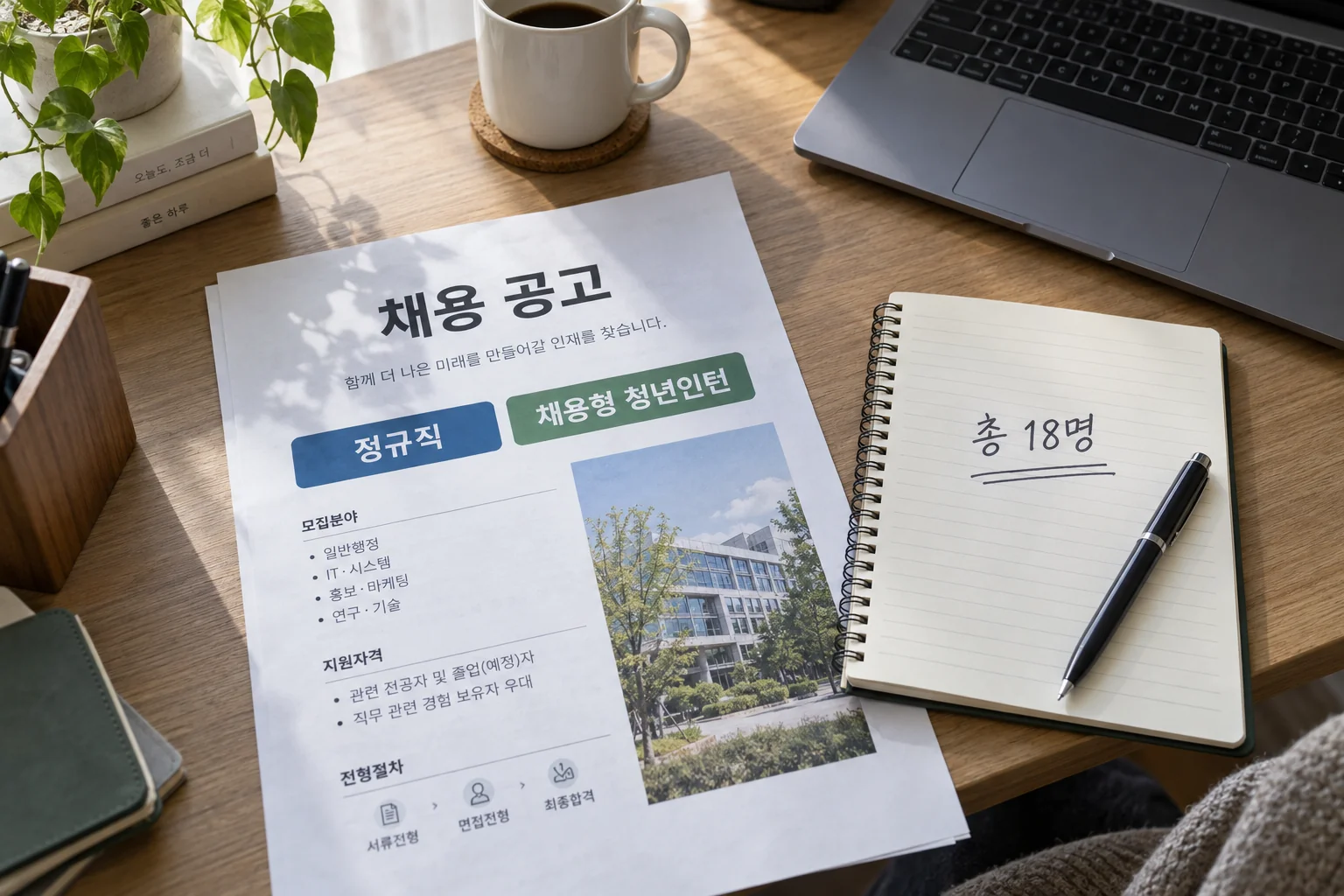 채용 공고 문서에서 정규직과 청년인턴 항목을 구분해 확인하는 모습