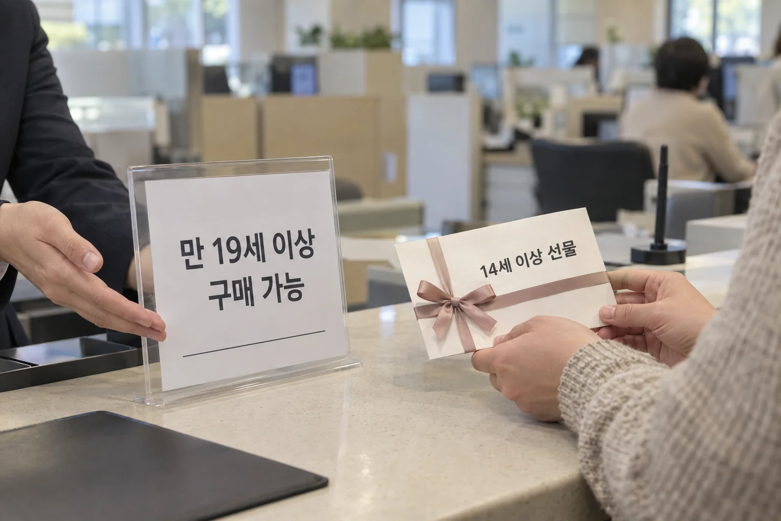 성인 구매자와 미성년 선물 수령 조건을 보여주는 안내 장면