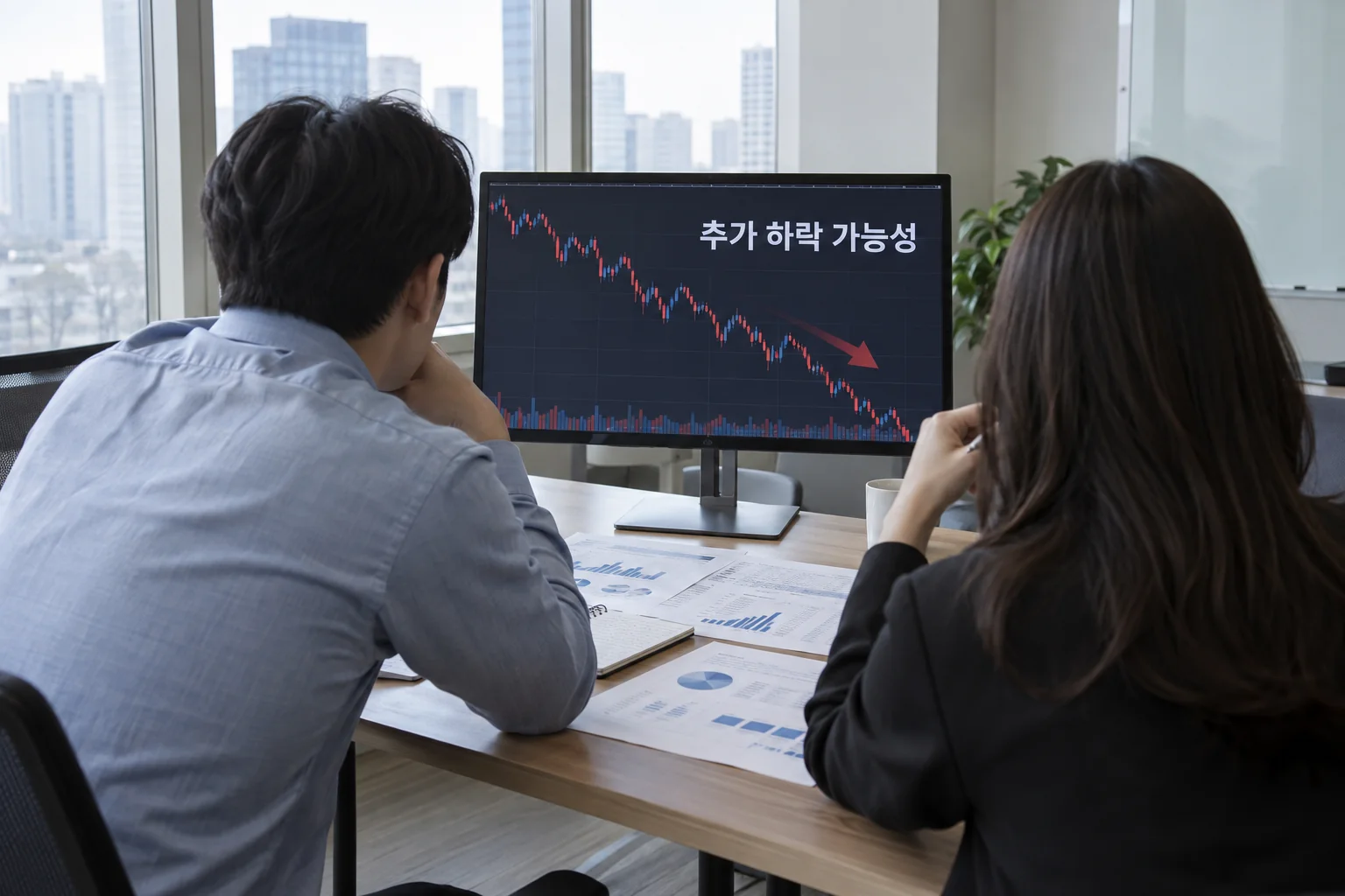 한국 사무실의 증시 하락 시나리오를 검토하는 회의 장면