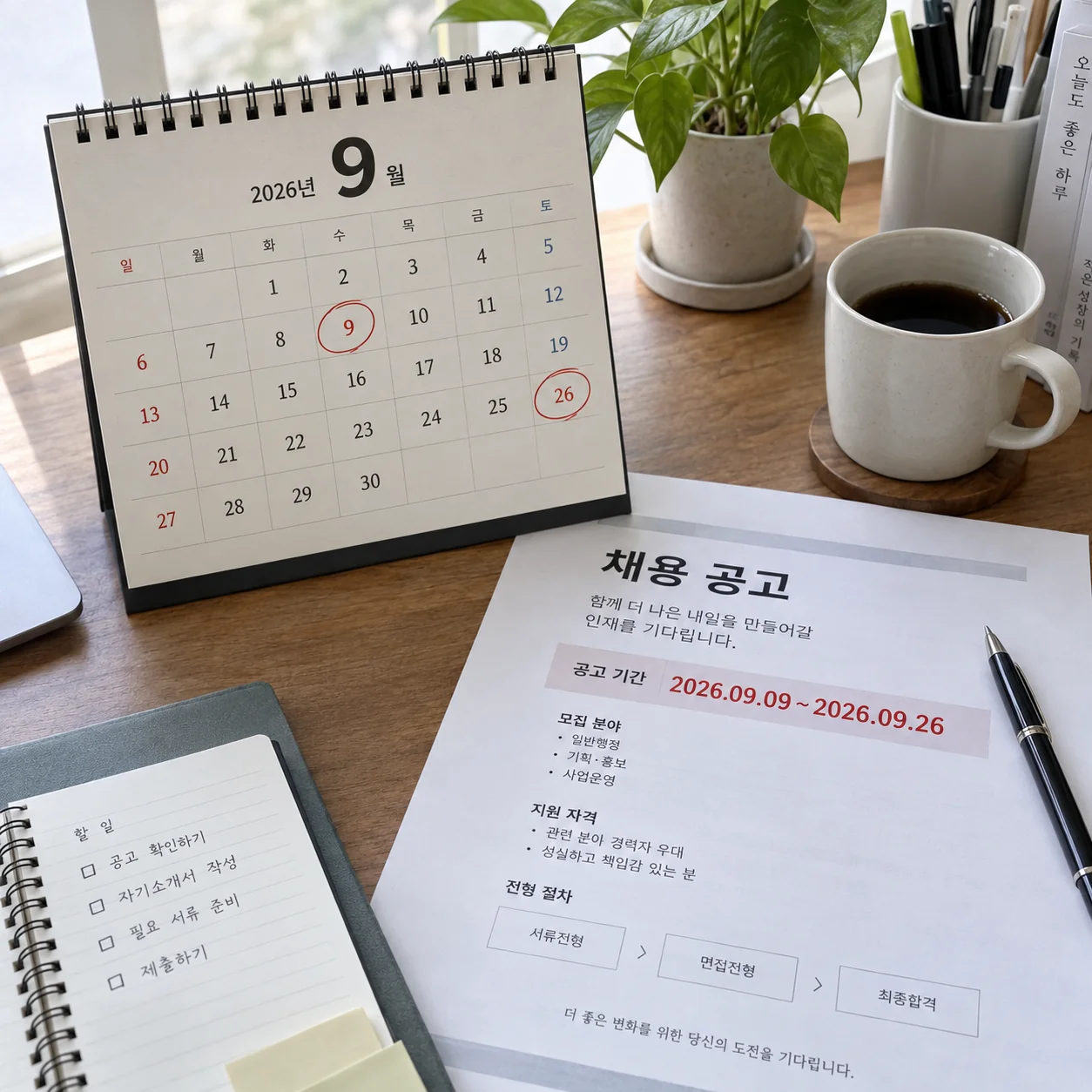 채용 공고 기간이 표시된 달력과 일정 확인용 서류