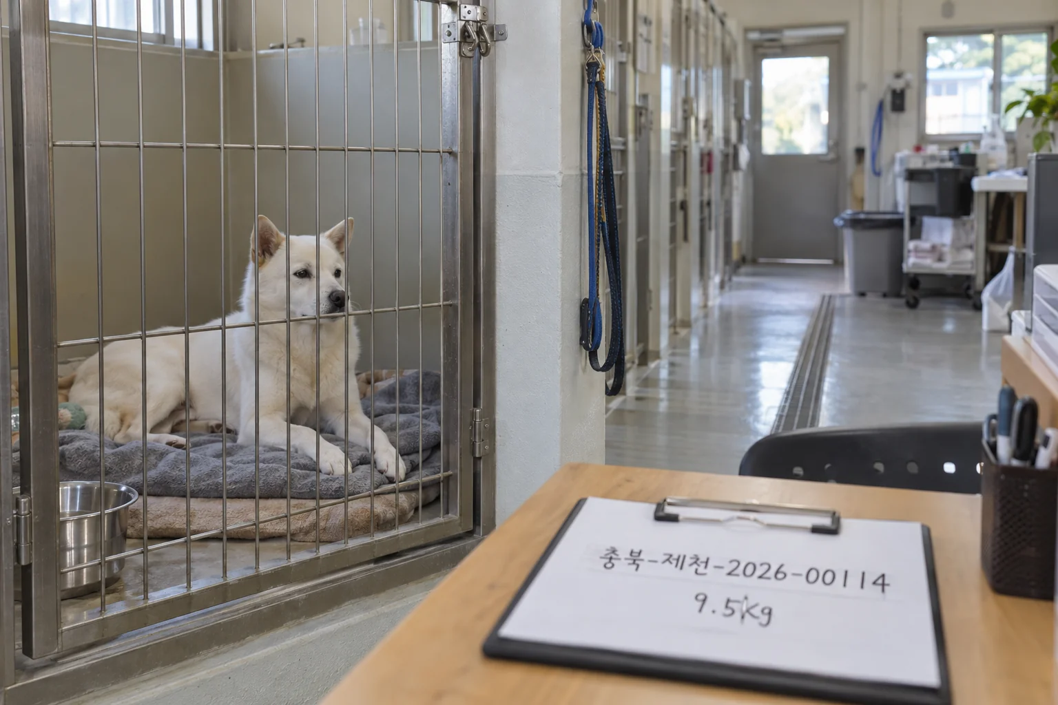 보호견 공고 기록과 흰색 믹스견의 정보를 함께 확인하는 장면