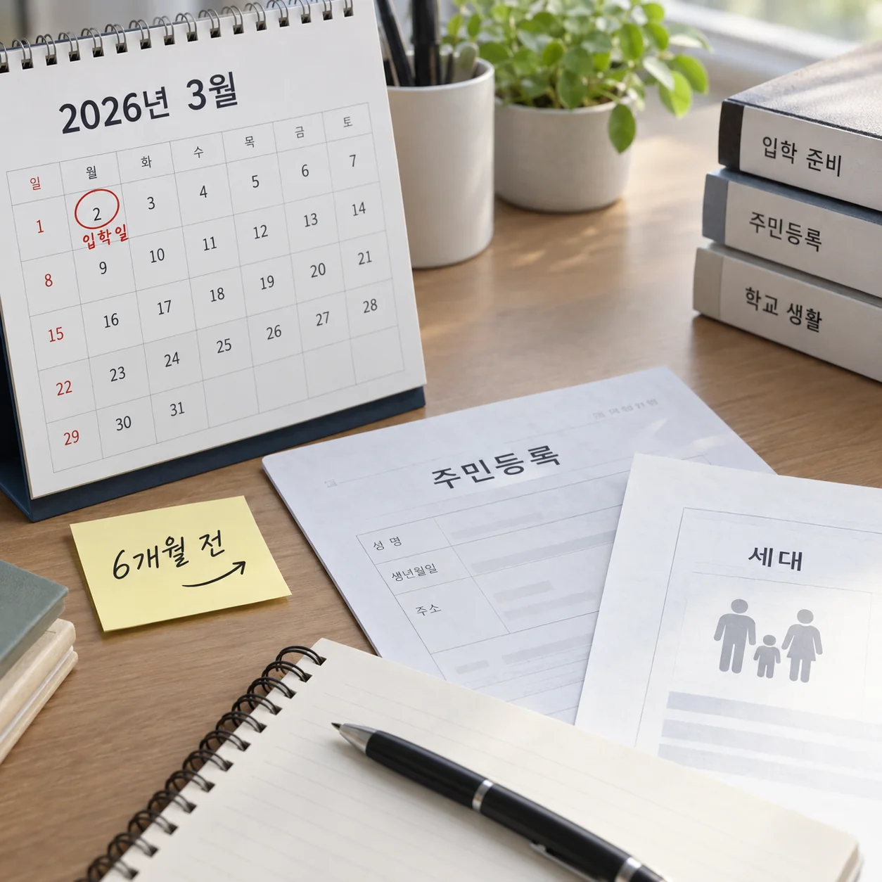 입학일 전 6개월 거주 기간을 달력과 주민등록 서류로 확인하는 모습