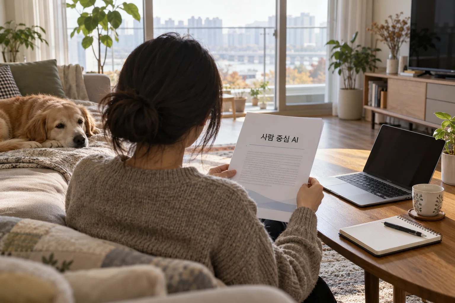 사람 중심 AI 정책 방향을 살피는 반려동물 보호자의 거실 풍경
