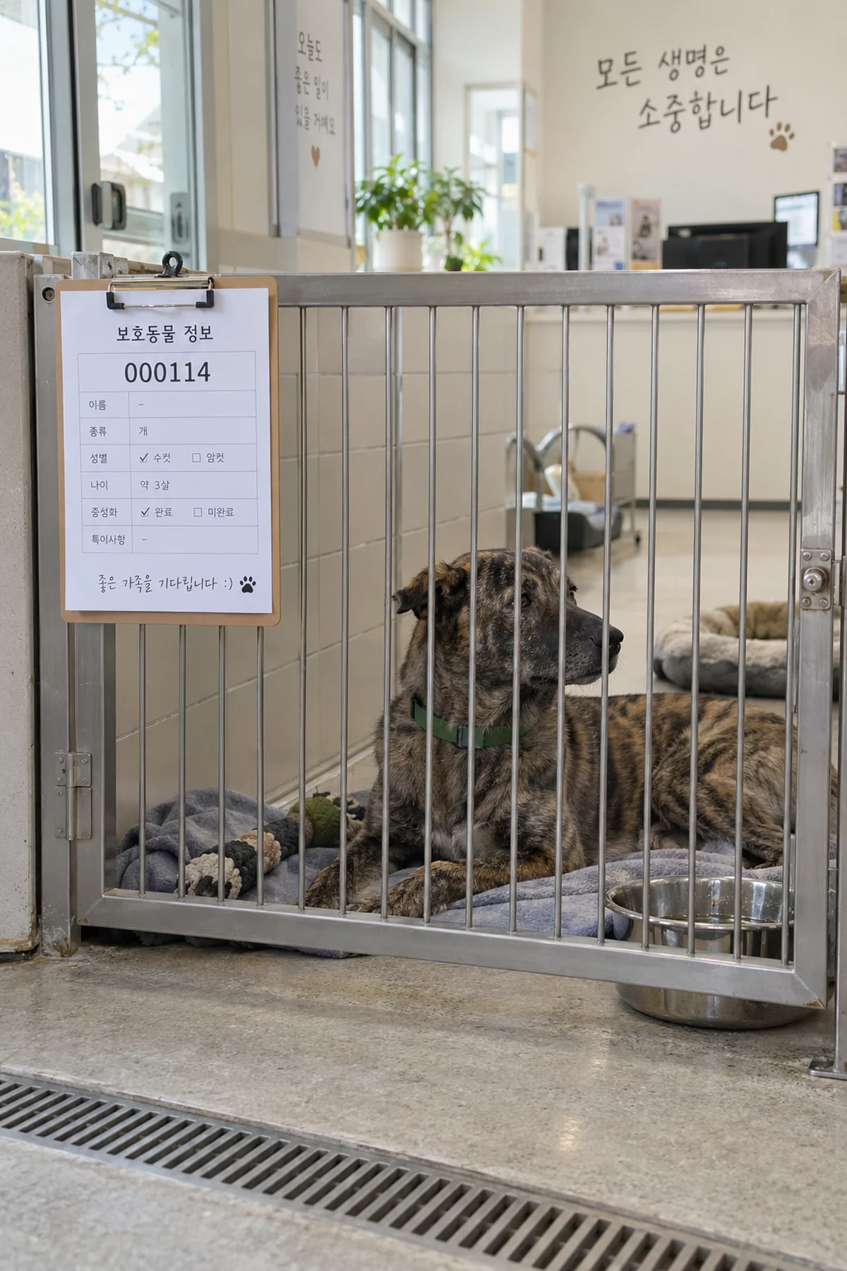 보호견 특징을 항목별로 확인하는 한국의 보호소 안내 장면