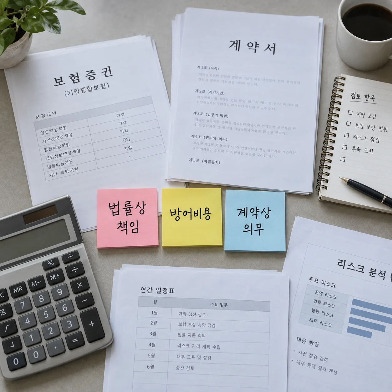 도급계약과 보험증권을 대조하며 책임 항목을 분류한 회의 테이블