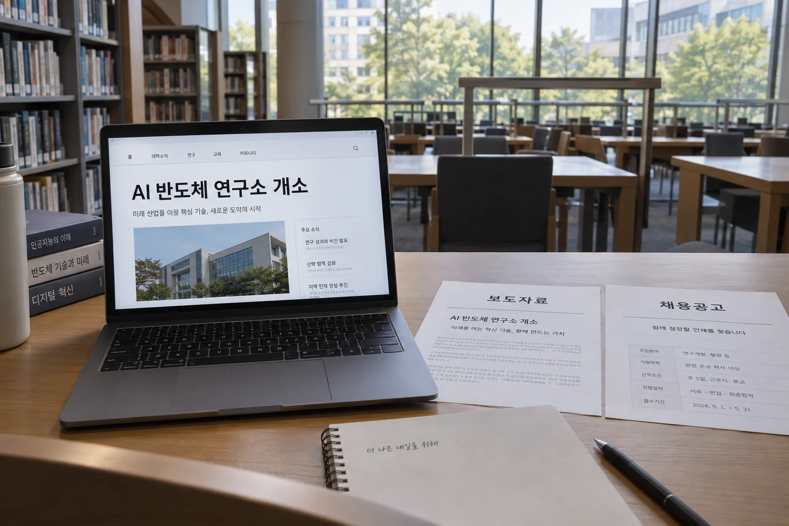 한양대 연구소 개소 보도자료를 확인하는 취업 준비자의 책상