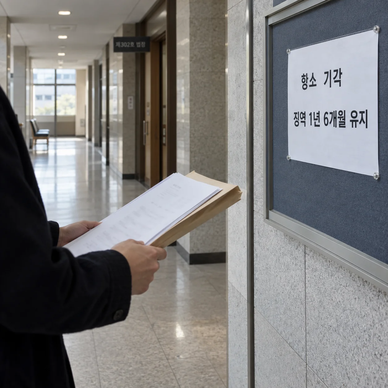 항소 기각과 원심 형량 유지 내용을 확인하는 법원 안내판