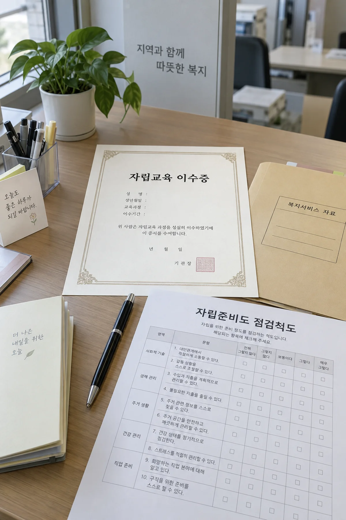 자립정착금 신청에 필요한 교육 이수증과 준비도 점검 서류