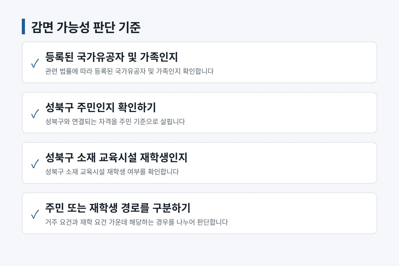 국가유공자 수강료 감면 대상 조건을 차례로 확인하는 정보 그림입니다