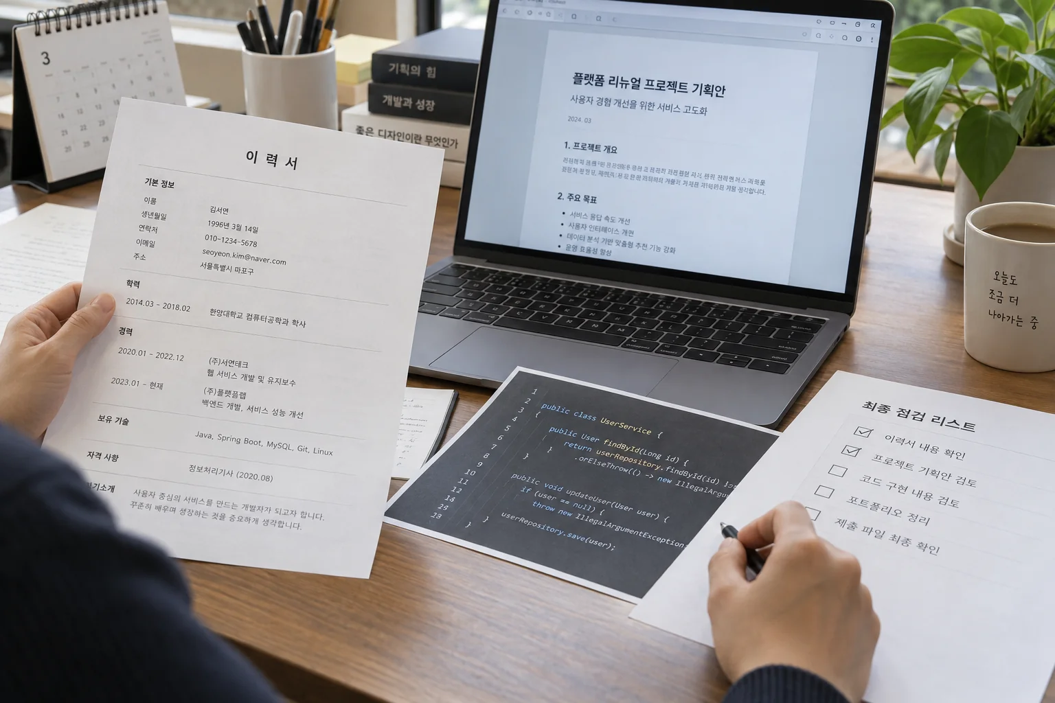 노트북 이력서와 검증 자료를 비교하는 채용 담당자의 책상